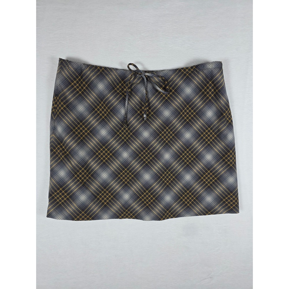Y2K American Eagle 100% Wool Plaid Mini Skirt A-Line Medium Grey Yellow